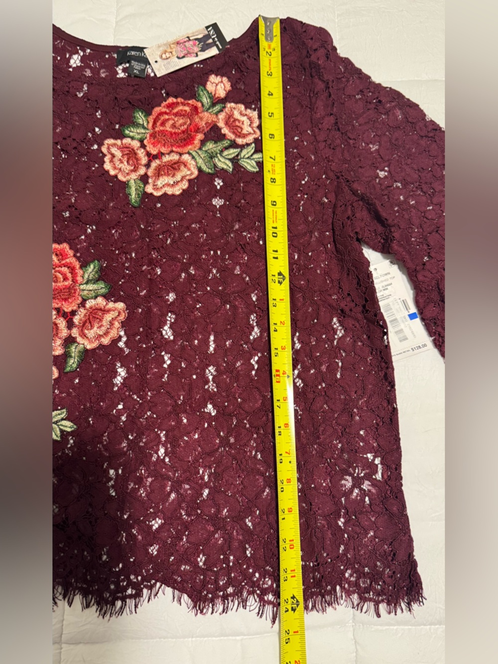 Karen Kane Burgundy Lace with Floral Embroidery Embellished Bell Sleeve Lace Top - Picture 6 of 16